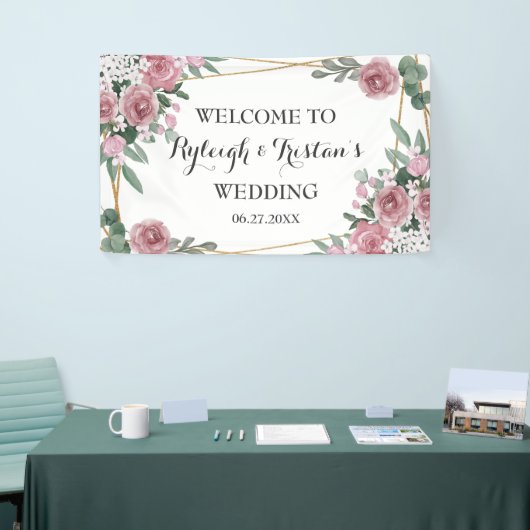 Elegant Roos Floral Greenery Gold Wedding Backdrop Spandoek (Beurs)