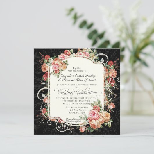 Elegant Roos Floral Muted Black Peach Blush Gold Kaart (Staand voorkant)