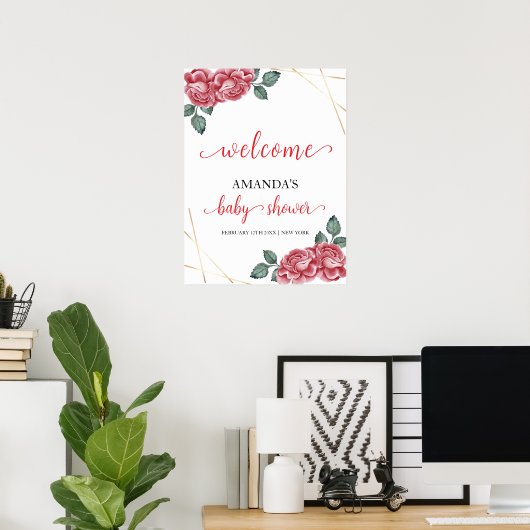 Elegant Roos Floral Sweetheart Baby shower Welkom Poster (Thuiskantoor)
