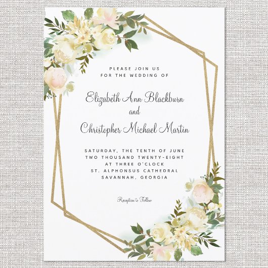 Elegant Roos Floral Wedding Gold Geometrisch Wit Kaart