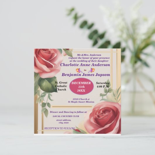 Elegant Roos Floral Wedding Kaart (Staand voorkant)