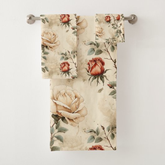 Elegant  Roos Flower Beige Floral Design Bad Handdoek (Insitu)