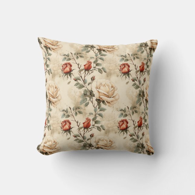 Elegant  Roos Flower Beige Floral Design Kussen (Voorkant)