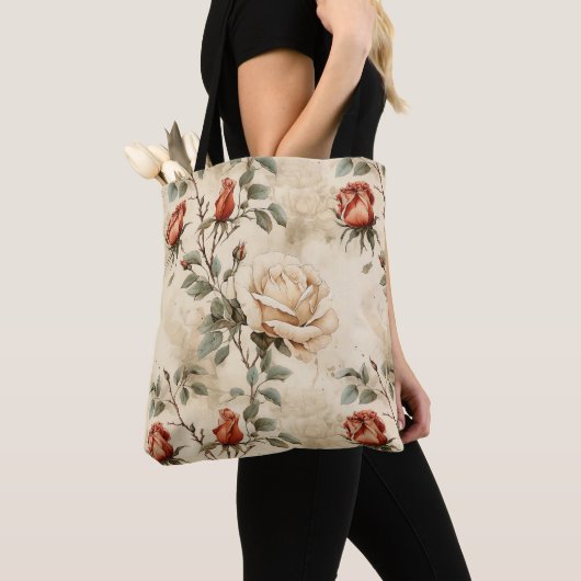 Elegant  Roos Flower Beige Floral Design Tote Bag (Dichtbij)