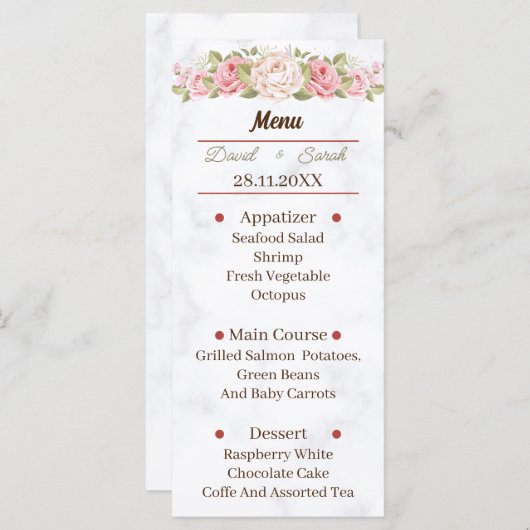Elegant Roos Flower Custom Wedding Dinner Menu (Voorkant / Achterkant)