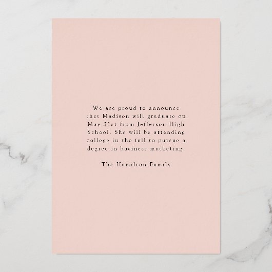 Elegant Roos Folie Script Afstuderen Aankondiging (Achterkant)