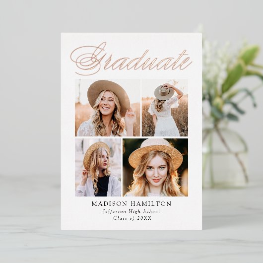 Elegant Roos Folie Script Afstuderen Aankondiging (Staand Voorkant)