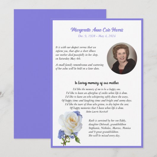 Elegant Roos Foto Lijst Dood Aankondiging (Voorkant / Achterkant)