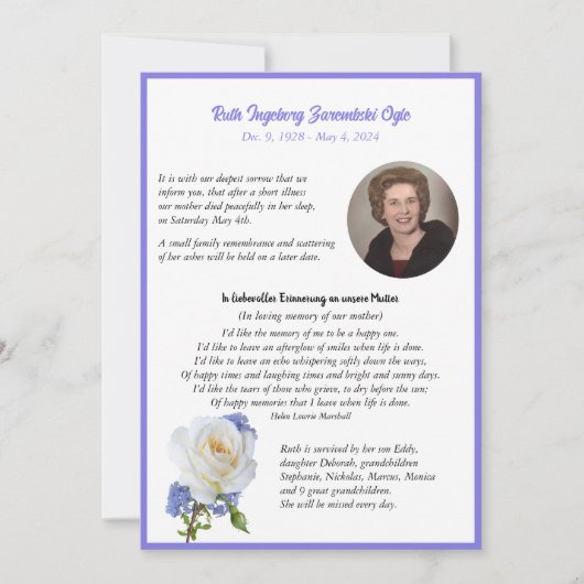 Elegant Roos Foto Lijst Dood Aankondiging (Voorkant)