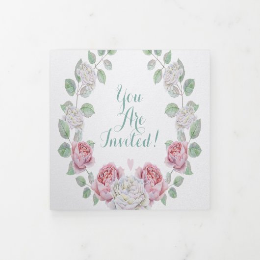 Elegant Roos Garden Floral Wreath Wedding Drieluik Uitnodiging (Cover)