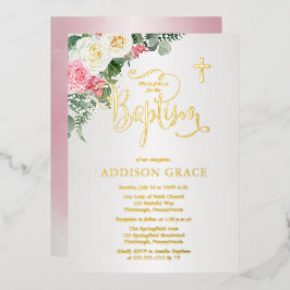 Elegant Roos Garden - Girl Baptism - Gold Folie Uitnodiging