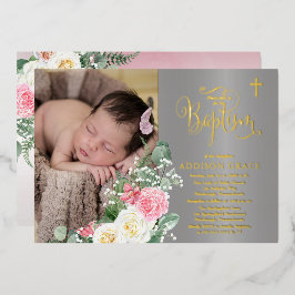 Elegant Roos Garden - Girl Photo Baptism - Gold Folie Uitnodiging
