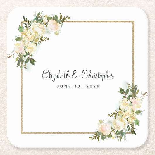 Elegant Roos | Gepersonaliseerd huwelijk Kartonnen Onderzetters (Voorkant)