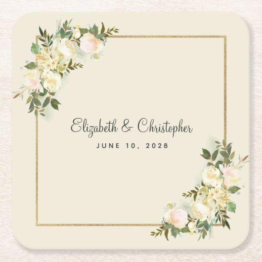Elegant Roos | Gepersonaliseerde bruiloft Waterver Kartonnen Onderzetters (Voorkant)