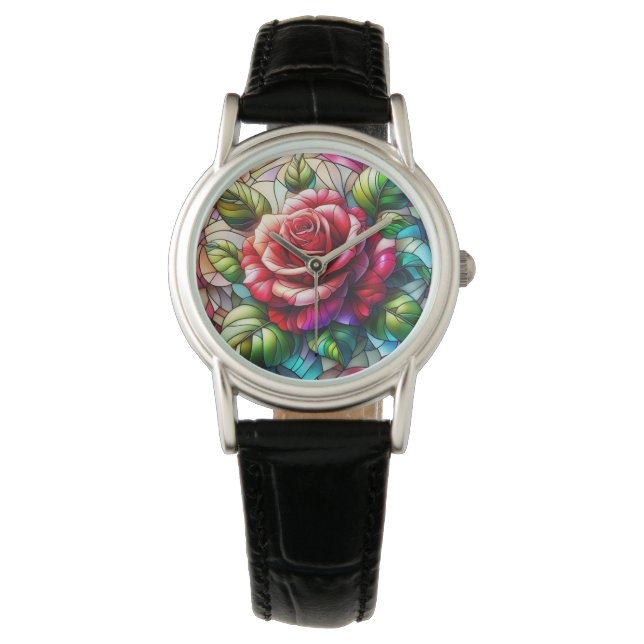 Elegant Roos Glas in lood Effect Horloge (Voorkant)