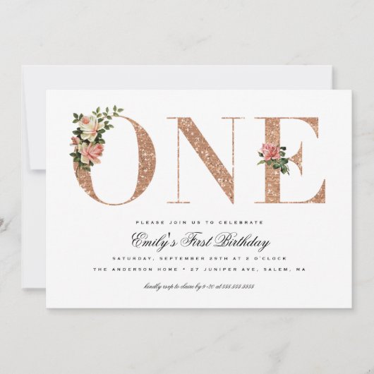 Elegant Roos Glitter 1e verjaardag Kaart (Voorkant)