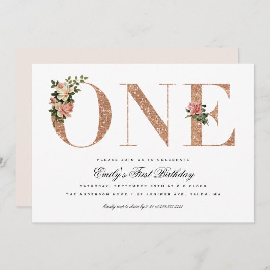 Elegant Roos Glitter 1e verjaardag Kaart (Voorkant / Achterkant)