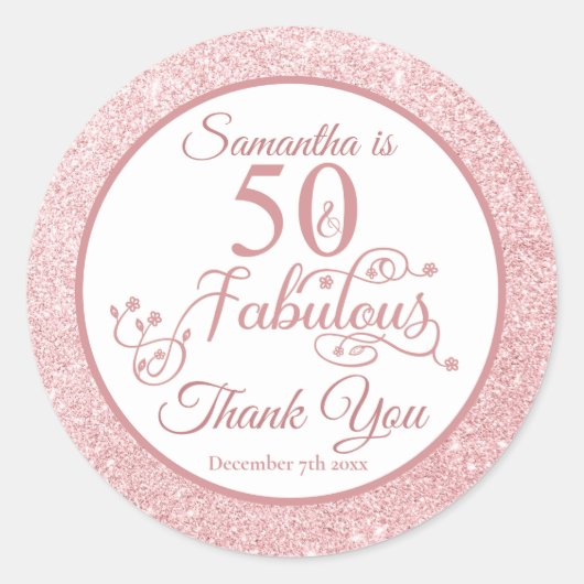 Elegant Roos Glitter 50 en Fabulous Bedankt Ronde Sticker (Voorkant)