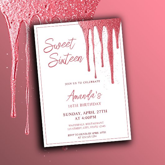 Elegant Roos Glitter Drip Sweet 16 Birthday Kaart