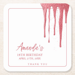 Elegant Roos Glitter Drip Sweet 16 Birthday Kartonnen Onderzetters