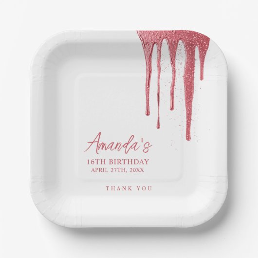 Elegant Roos Glitter Drip Sweet 16 Birthday Papieren Bordje (Voorkant)