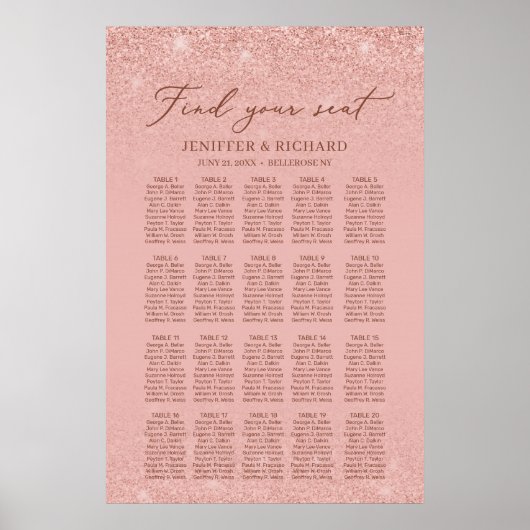 Elegant roos gold 20-tafels bruiloftszeepkaart poster (Voorkant)