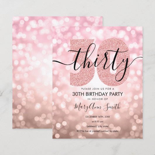 Elegant Roos Gold 30th Birthday Party Invite (Voorkant / Achterkant)