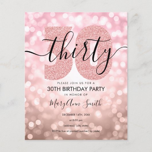 Elegant Roos Gold 30th Birthday Party Invite (Voorkant)