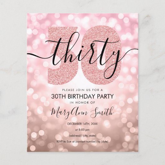 Elegant Roos Gold 30th Birthday Party Invite Flyer (Voorkant)