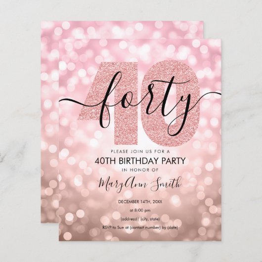 Elegant Roos Gold 40th Birthday Party Invite (Voorkant / Achterkant)
