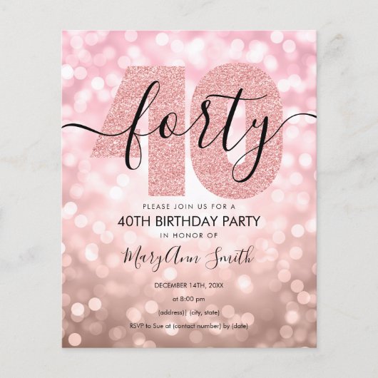 Elegant Roos Gold 40th Birthday Party Invite (Voorkant)
