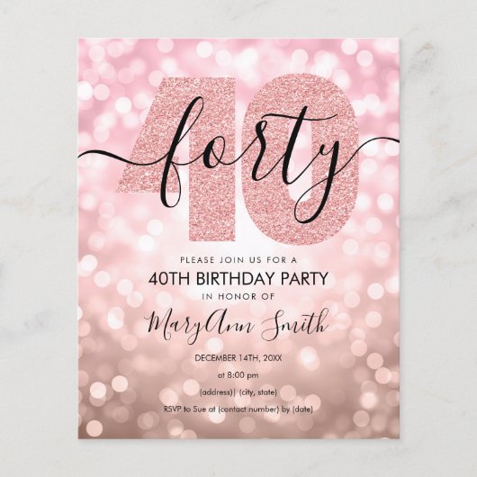 Elegant Roos Gold 40th Birthday Party Invite Flyer (Voorkant)