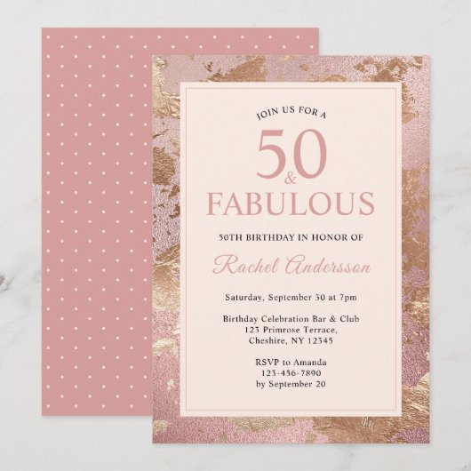 Elegant Roos Gold 50 en Fabulous 50th Birthday Kaart (Voorkant / Achterkant)