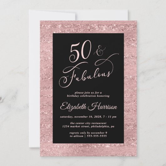 Elegant Roos Gold 50th Birthday Party Invitation Kaart (Voorkant)