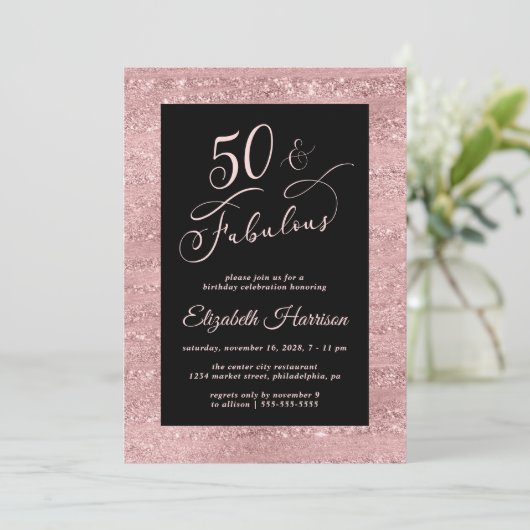 Elegant Roos Gold 50th Birthday Party Invitation Kaart (Staand voorkant)