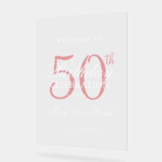 Elegant Roos Gold 50th Birthday Party Welkom Acryl Bord (Hoek)