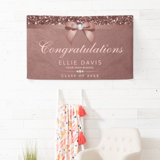 Elegant Roos Gold Afstuderen Diamonds Bow Glitter Spandoek (Insitu)