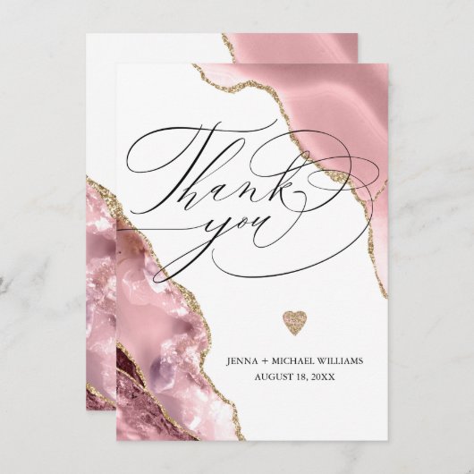 Elegant Roos Gold Agate Glitter Script Bruiloft Bedankkaart (Voorkant / Achterkant)