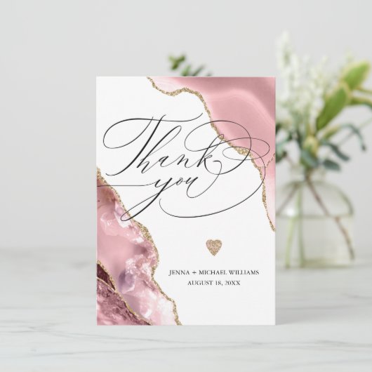 Elegant Roos Gold Agate Glitter Script Bruiloft Bedankkaart (Staand voorkant)