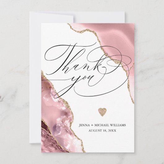 Elegant Roos Gold Agate Glitter Script Bruiloft Bedankkaart (Voorkant)