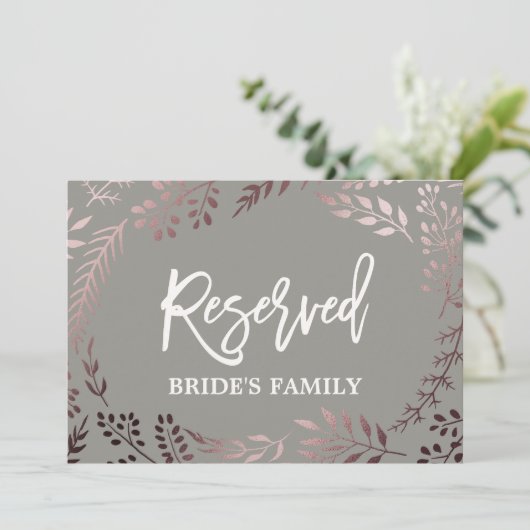 Elegant Roos Gold and Grey Wedding "Reserved" Sign Kaart (Staand voorkant)