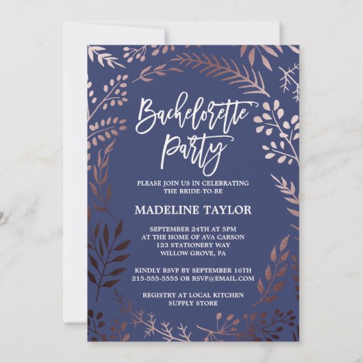 Elegant Roos Gold and Navy Bachelorette Party Kaart (Voorkant)