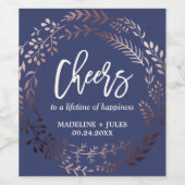 Elegant Roos Gold and Navy "Cheers Wedding" Wijn Etiket (Enkel label)