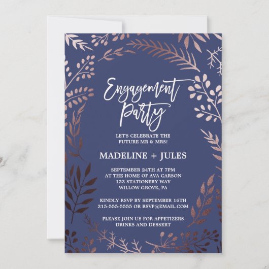 Elegant Roos Gold and Navy Engagement Party Kaart (Voorkant)