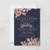 Elegant Roos Gold and Navy Floral Wedding Invitati Kaart (Voorkant)