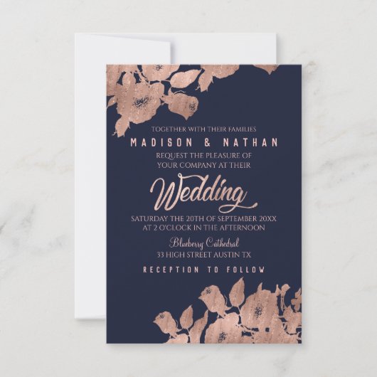 Elegant Roos Gold and Navy Floral Wedding Invitati Kaart (Voorkant)