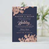 Elegant Roos Gold and Navy Floral Wedding Invitati Kaart (Staand voorkant)