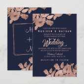 Elegant Roos Gold and Navy Floral Wedding Invitati Kaart (Voorkant / Achterkant)