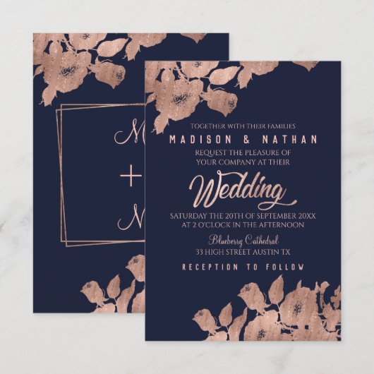 Elegant Roos Gold and Navy Floral Wedding Invitati Kaart (Voorkant / Achterkant)