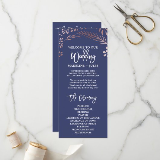 Elegant Roos Gold and Navy Wedding Program Programmakaart (Voorkant / Achterkant in situ)